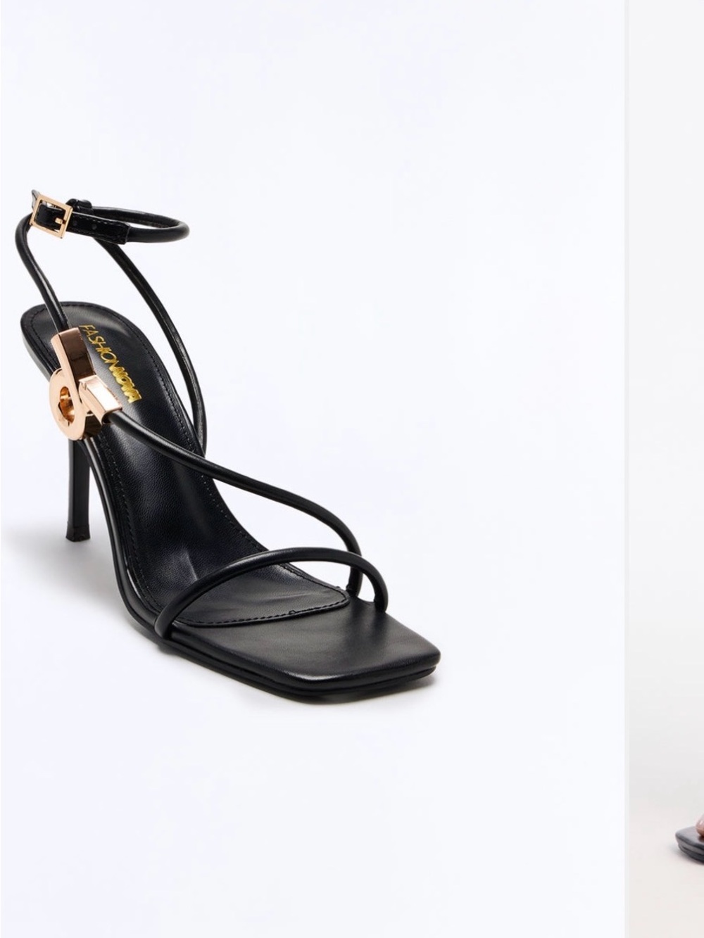 Black Strappy High Heel Sandal with Gold Accent
